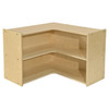 Wood Designs Contender Small Corner Storage Unit, RTA, unfinished light wood corner storage shelf with two spacious shelves, assembled with visible metal screws.