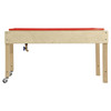 Wood Designs Contender Sand and Water Table, RTA, a wooden activity table with a red plastic top, featuring a water spout and caster wheels for mobility.