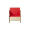 Wood Designs Kids Chair with Red Cushions, modern wooden children's chair with red upholstered cushions and armrests, sturdy and stylish for kids' seating.