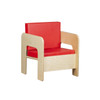 Wood Designs Kids Chair with Red Cushions, modern wooden children's chair featuring a natural wood finish and vibrant red cushions for comfort.