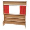 Wood Designs Deluxe Puppet Theater with Chalkboard, wooden puppet theater with red curtains and chalkboard top for children's performances.