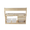 Wood Designs Kids Outdoor Kitchen, unfinished wooden outdoor play kitchen with storage drawers and plastic bins.
