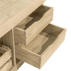 Wood Designs Kids Outdoor Mud Kitchen, unfinished wooden outdoor play kitchen with multiple storage drawers and compartments.