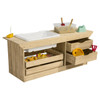 Wood Designs Kids Outdoor Mud Kitchen, wooden play kitchen with storage drawers, toy cleaning tools, and a sand box for children to enjoy imaginative outdoor play.