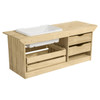 Wood Designs Kids Outdoor Mud Kitchen, wooden outdoor play kitchen with a white sink, multiple storage drawers, and shelves for kids outdoor activities.