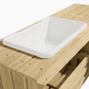 Wood Designs Kids Outdoor Mud Kitchen, wooden play kitchen with a built-in white ceramic sink on a wooden countertop.