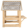 Wood Designs Outdoor Garden Center, wooden garden stand with lattice roof and side bench for outdoor gardening and plant display.