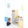 Moje Bambino Complete Dramatic Play Kitchen Set #1, children playing in a pretend kitchen with toy refrigerator, oven, microwave, and kitchen accessories.