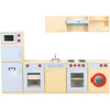Moje Bambino Complete Dramatic Play Kitchen Set #1, toy kitchen set with modern appliances including oven, microwave, washing machine, and stove in a light wood and pastel color design for children's pretend play.