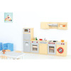 Moje Bambino Complete Dramatic Play Kitchen Set #1, toy play kitchen with appliances, cabinets, and utensils in a children's play area.