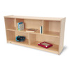 Whitney Brothers Basic Single Storage Shelf Cabinet 24H, a wooden storage shelf with multiple compartments containing books, a shoe, and a red electronic device.