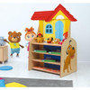 Moje Bambino Tom and Keri Puppet Theatre, colorful children's puppet theatre with a small house design, featuring a red roof, blue door, and window, along with plush puppet characters on display.