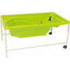 Moje Bambino Steps and Locks Mobile Sand and Water Play Table, vibrant green plastic table with compartments for sand and water play, mounted on a white metal stand with wheels for mobility.