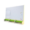 Moje Bambino Children's Art Creation Board with Storage Shelf, whiteboard with colorful magnetic pins and three green tray storage compartments.