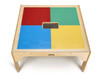 Jonti-Craft Large Wooden Kids LEGO® Square Storage Table, wooden table with colorful LEGO® baseplates in red, green, blue, and yellow, and a central storage compartment.