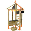 Moje Bambino Outdoor Market Stand, wooden play structure with chalkboards, flag banners, and a small slide, suitable for children's outdoor pretend play.