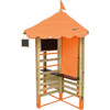 Moje Bambino Outdoor Market Stand, children outdoor play market stall with an orange canopy, black chalkboard, and wooden shelves.