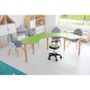 Moje Bambino Curved Horseshoe Table, green and white child-friendly horseshoe-shaped table with wooden legs arranged in a bright classroom alongside chairs.