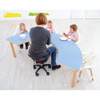 Moje Bambino Curved Horseshoe Table, blue curved classroom table with wooden legs arranged around a teacher and three children during an activity