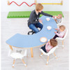 Moje Bambino Curved Horseshoe Table, blue curved preschool activity table with a horseshoe-shaped design, shown with a teacher and young children during a classroom activity.