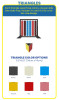 LiteZilla Mosaico Wall with Triangles STEM Wall Activity, instructional graphic showing a triangle tic-tac-toe wall activity, a three-color triangle tile, and six color options: black, white, blue, yellow, red, and pink.