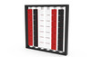 LiteZilla Mosaico Wall with Triangles STEM Wall Activity, black-framed wall panel with vertical red, white, and black rotating tiles for hands-on STEM pattern building.