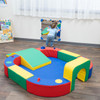Children's Factory Soft Play Ring with Tunnel and Slide, colorful soft play equipment in a playroom with a mirror and children's books nearby.