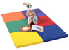 Children's Factory Tent Box Play Mats, Rainbow, a colorful foam play mat with multiple sections in red, yellow, green, blue, orange, and purple, with a girl lying on it reading a book.