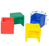 Children's Factory Children's Cube Chairs - 4 Primary Colors, colorful plastic cube chairs in red, green, blue, and yellow with dimensions 15 inches by 15 inches, designed for children's use.