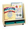 Jonti-Craft 1 Sided Mobile Book Browser - Pick-a-Book Stand, a wooden mobile book stand with wheels holding children's books such as 'The Land of Many Colors' and an early learning big book with colorful illustrations.