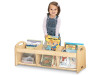 Jonti-Craft See Thru Toddler Book Browser, A wooden toddler book organizer with multiple compartments filled with children's books, and a young girl standing behind it.