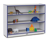 Jonti-Craft Rainbow Accents Super Size Adjustable Kids Bookcase, a large colorful white and blue book storage unit filled with toys and stuffed animals.