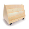 Whitney Brothers Two Sided Mobile Book Display Stand, wooden magazine rack with four angled shelves on wheels for easy mobility.