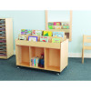 Whitney Brothers Mobile Book Storage Island, wooden mobile book storage unit with wheels holding children's books and a plush toy in a colorful classroom environment.