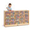 Jonti-Craft 20 Cubbie-Tray Mobile Storage with or without Tubs, a wooden storage unit with 20 clear cubbie trays filled with children's toys.