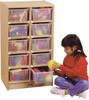 Jonti-Craft 10 Cubbie-Tray Mobile Unit with Tubs, wooden storage unit with ten transparent plastic tubs filled with toys, and a young girl playing with a yellow ball.