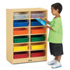 Jonti-Craft 12 Paper Tray Mobile Storage with or without Trays, wooden storage unit with colorful plastic trays along with a child organizing papers.