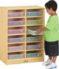 Jonti-Craft 12 Paper Tray Mobile Storage with or without Trays, wooden storage cabinet with multiple colorful paper trays, young boy organizing paper trays in a classroom setting.