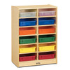 Jonti-Craft 12 Paper Tray Mobile Storage with or without Trays, wooden storage cabinet with multiple colorful plastic trays for organizing paper and supplies.