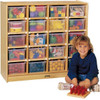 Jonti-Craft 20 Cubbie-Tray Mobile Unit with Tubs, wood storage cabinet filled with colorful educational toys and a smiling girl playing with red pegging toys.