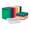 Jonti-Craft 20 Cubbie-Tray Mobile Unit with or without Tubs, colorful plastic storage cubbie trays in green, blue, red, yellow, white, black, and clear, arranged in stacking and side-by-side display.