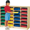 Jonti-Craft 24 Paper-Tray Mobile Storage with or without Paper Trays, a young girl organizing colorful paper trays in classroom storage cabinet.