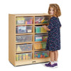 Jonti-Craft 10 Tub Mobile Storage with or without Tubs, wooden storage cabinet with multiple clear plastic tubs filled with toys and educational materials, and a young girl standing beside it, organizing or selecting items.