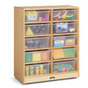 Jonti-Craft 10 Tub Mobile Storage with or without Tubs, wooden storage unit with 10 transparent plastic tubs filled with toys and educational materials.