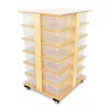 Whitney Brothers Storage Tower with 24 Trays, wooden storage unit with multiple transparent plastic trays, mobile with caster wheels.