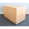 Whitney Brothers Clear Tote-Tray Fold and Roll Cubby Storage Cabinet, wooden storage unit with foldable doors and metal latch, ideal for organizing toys and supplies in classrooms or offices.
