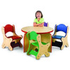 Playscapes Wavy Table and 4 Stool Set, children playing around colorful wooden table with three chairs in red, blue, and green. Playscapes Wavy Table and 4 Stool Set, children playing around colorful wooden table with three chairs in red, blue, and green.
