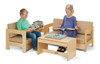 Jonti-Craft Child Living Room Set - Select Color, kids sitting on beige wooden sofas reading books with a small wooden coffee table and a colorful toy stereo in a playroom.