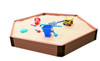 Frame It All Hexagon Wooden Sandbox Kit - 2" Profile - 7' x 8' x 11", showcasing a hexagonal wooden sandbox filled with sand and colorful toy tools and vehicles.
