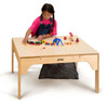 Jonti-Craft Wood DUPLO® Square Storage Table 27" x 27", a wooden children's activity table with a train set and accessories, featuring a natural wood finish and a storage mesh underneath.